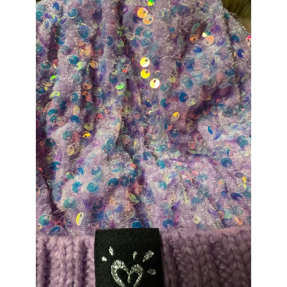 Justice Beanie Girls One Size Purple Excellent Sequin Pom Pom Knit Hat